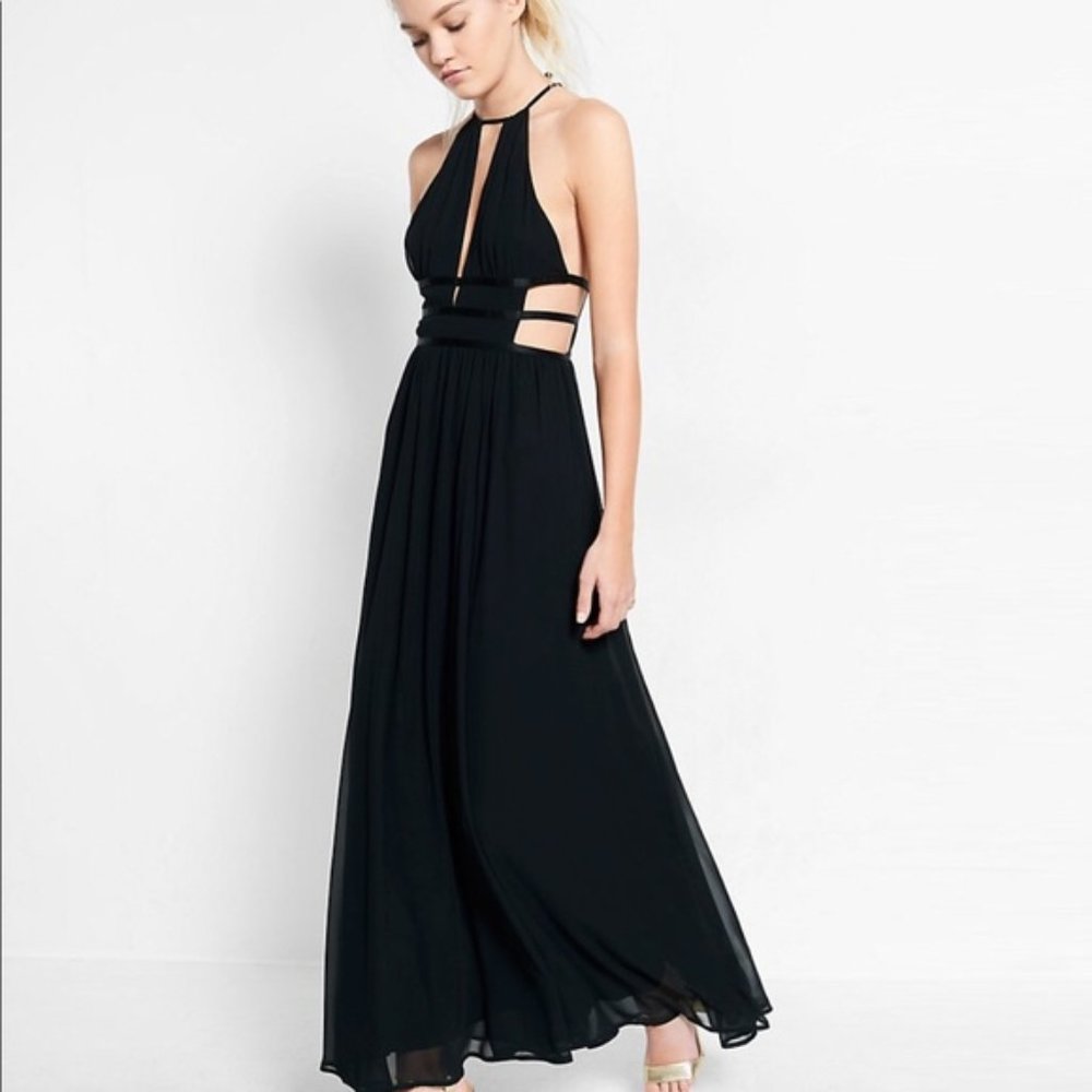 Express strappy cut out plunge maxi dress (black)